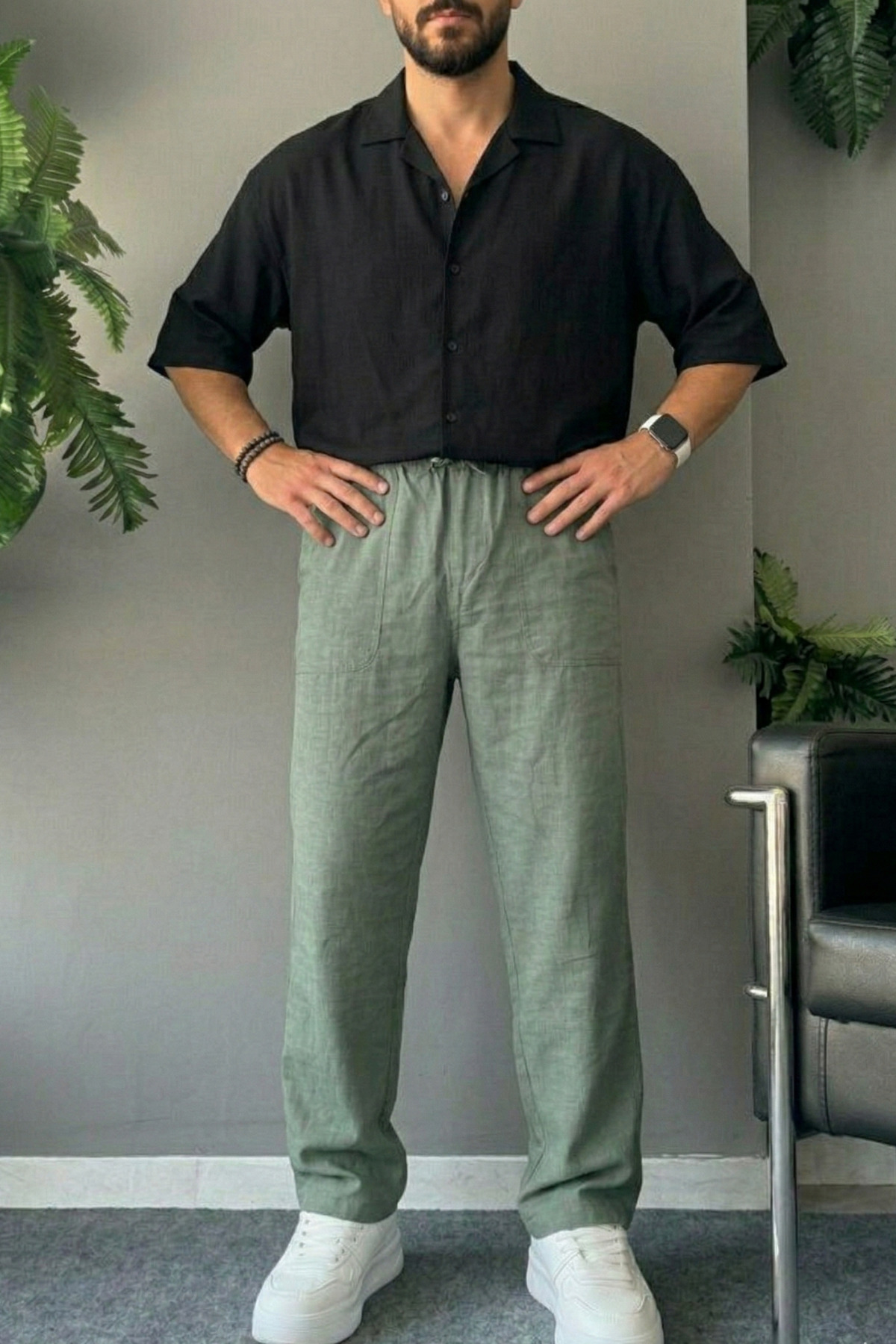 COMBİNE MİCHAİL  Erkek Rahat Yazlık Haki Bol Keten Pantolon - Görsel 4