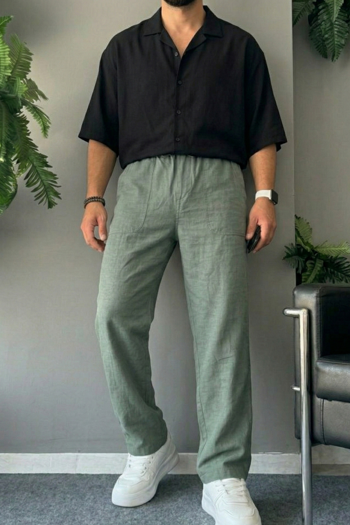 COMBİNE MİCHAİL  Erkek Rahat Yazlık Haki Bol Keten Pantolon - Görsel 3