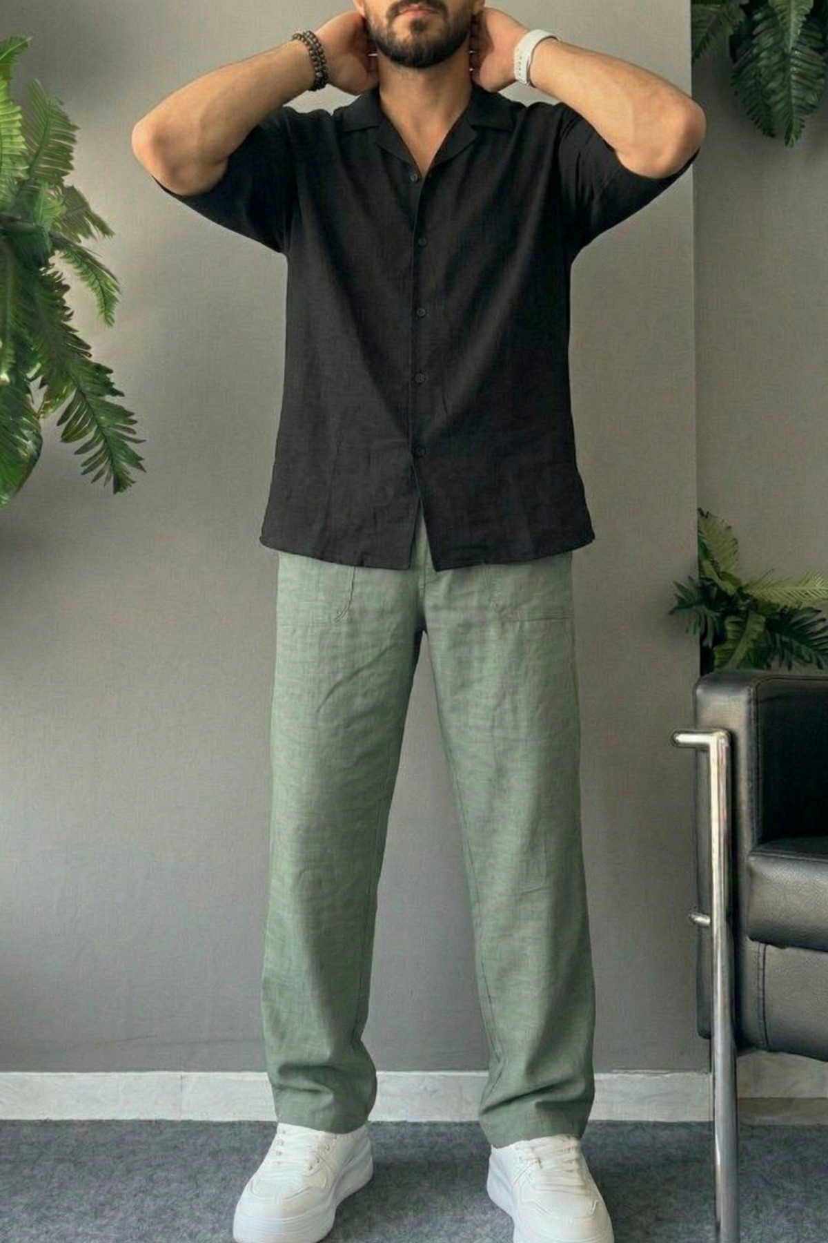 COMBİNE MİCHAİL  Erkek Rahat Yazlık Haki Bol Keten Pantolon - Görsel 6