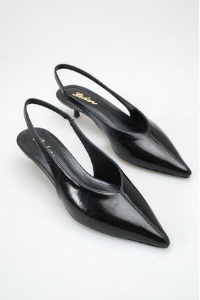 LDR Kadın Siyah Rugan Sivri Burun Kitten Topuklu Ayakkabı