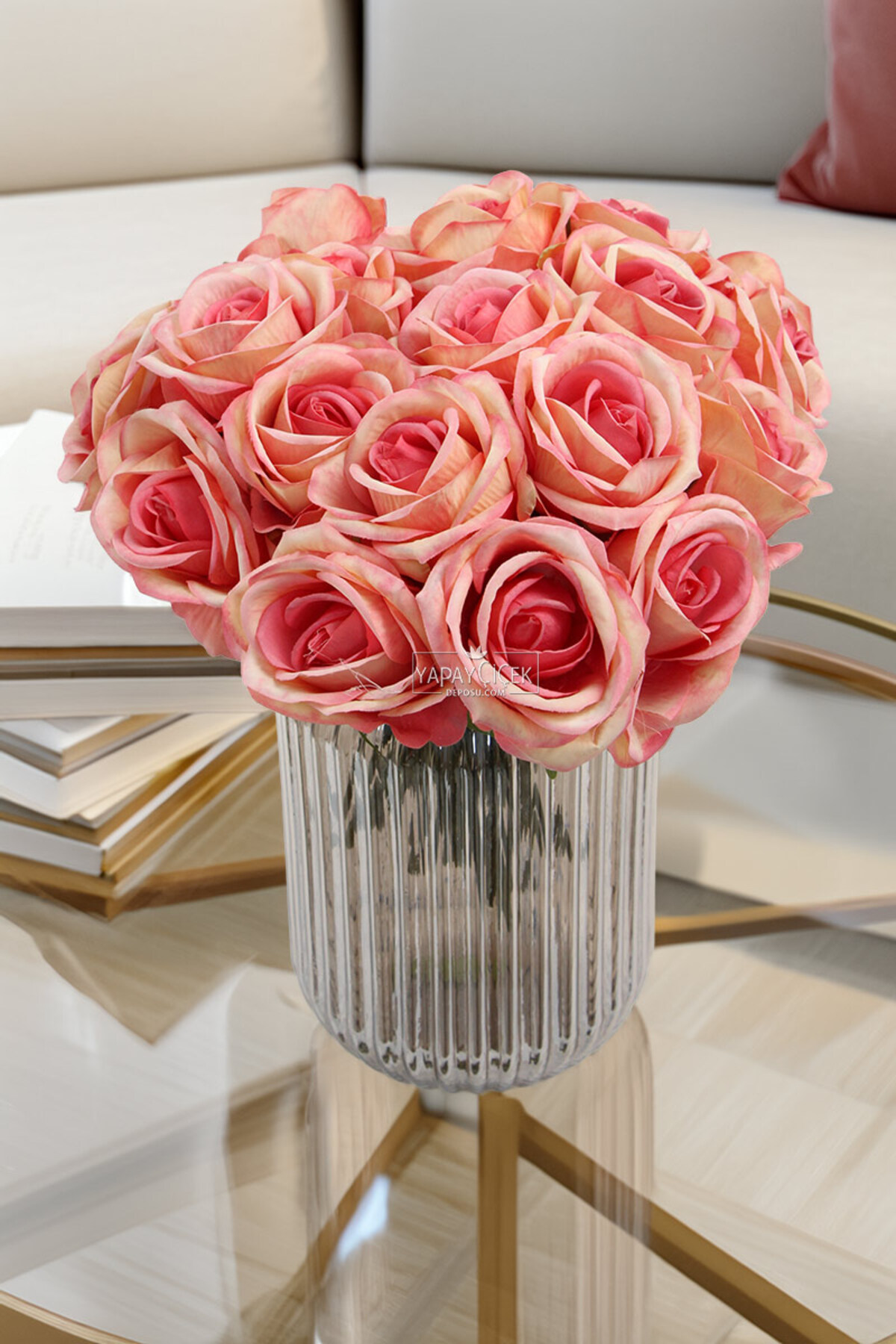 Artificial Flower Premium Set of 7 Viper Roses 25 cm Pink-Salmon