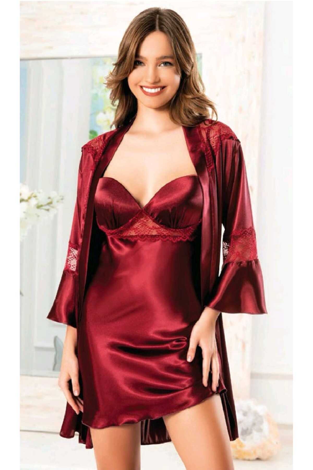 MARİA CALZE Kadın 2'Li Saten Gecelik ve Sabahlık Takımı Dantelli Şık Tasarım