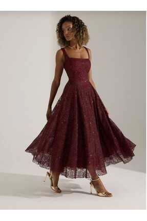 UZER Bordo Işıltılı simli Jacquard Dokulu Kare Yaka Couture premium abiye Elbise