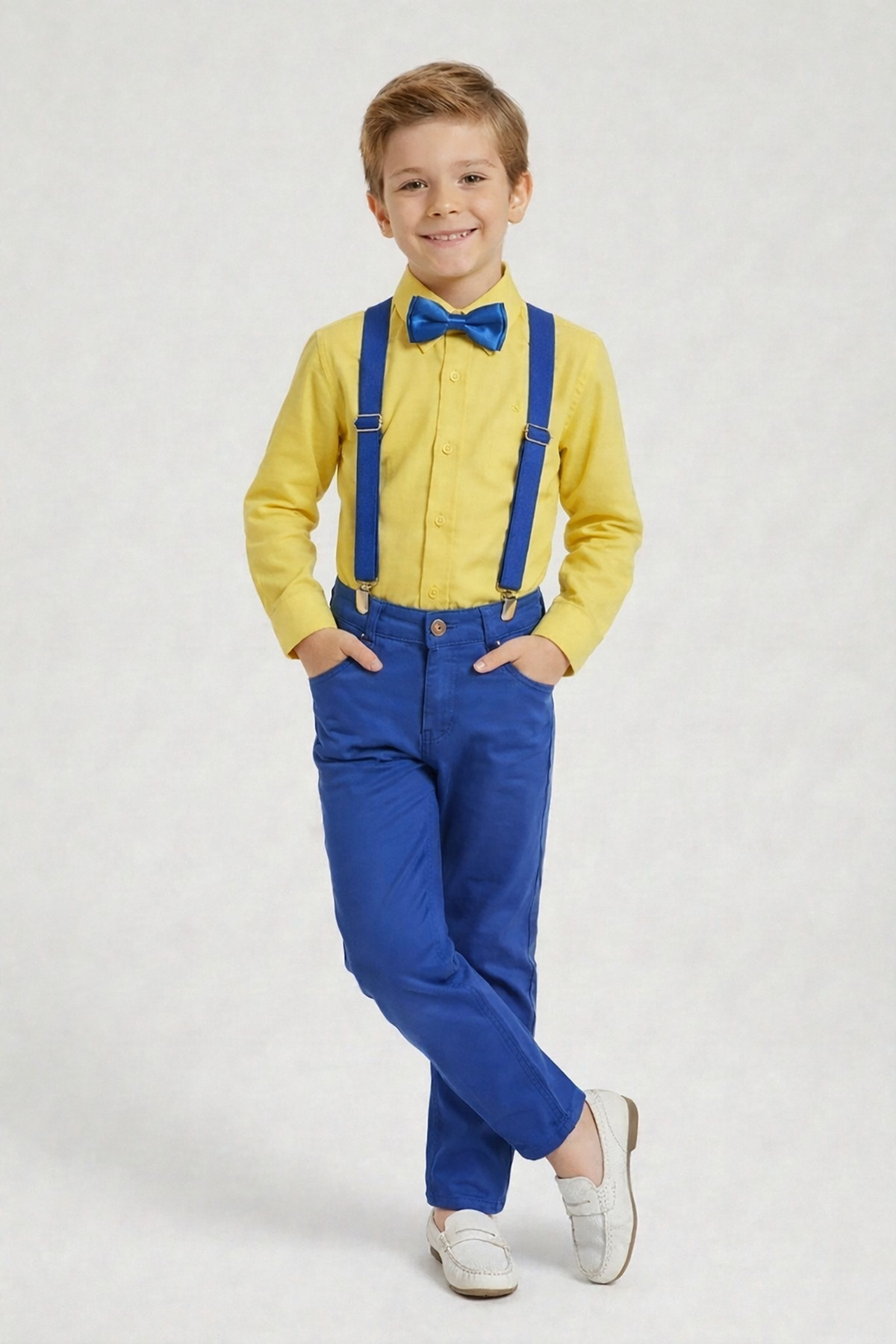 Boys Yellow Long Sleeve Shirt Saxe Pants Saxe Strap Bow Tie Set 23 April 29 October
