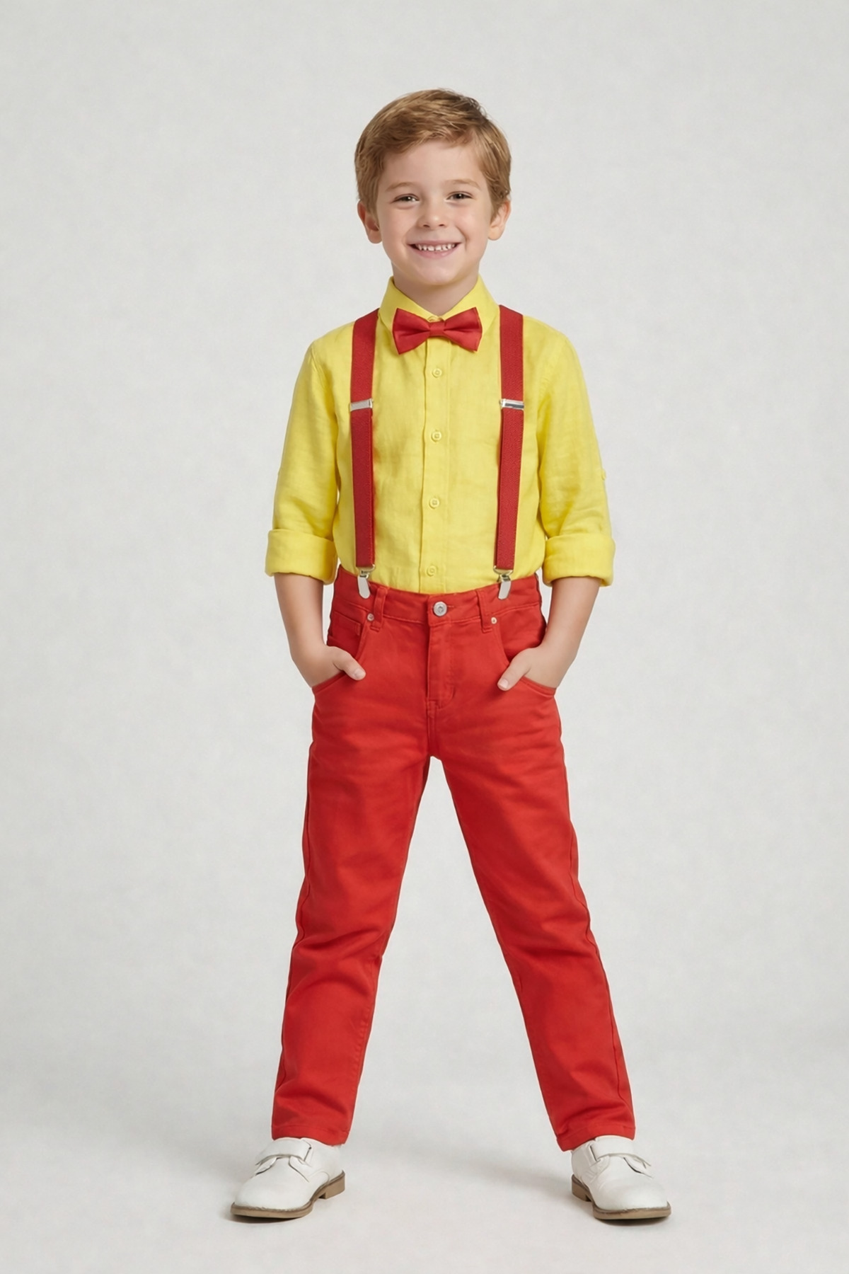 Boys Yellow Long Sleeve Shirt Red Pants Red Strap Bow Tie Set 23 April 29 October