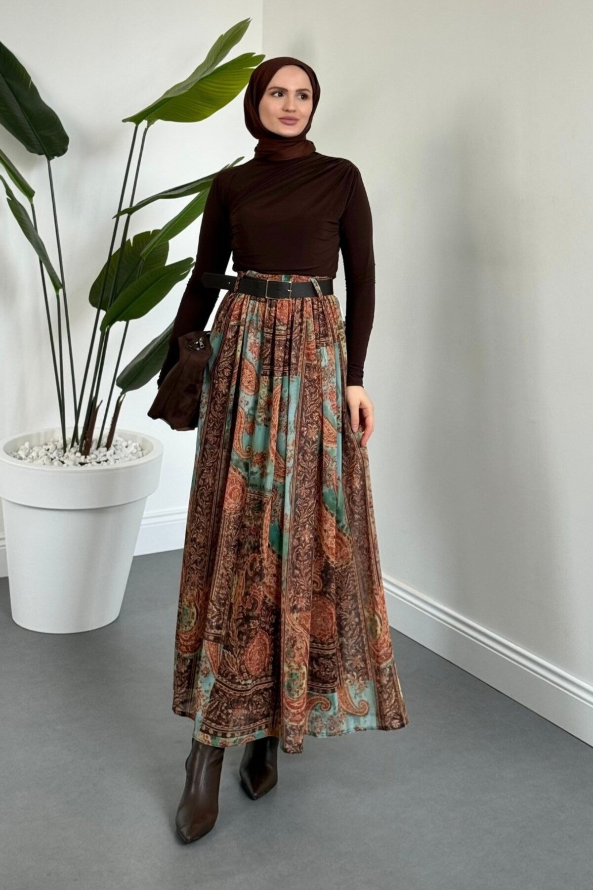 MERVEN AKYÜZ  Caroline Etnik Desen Etek Camel