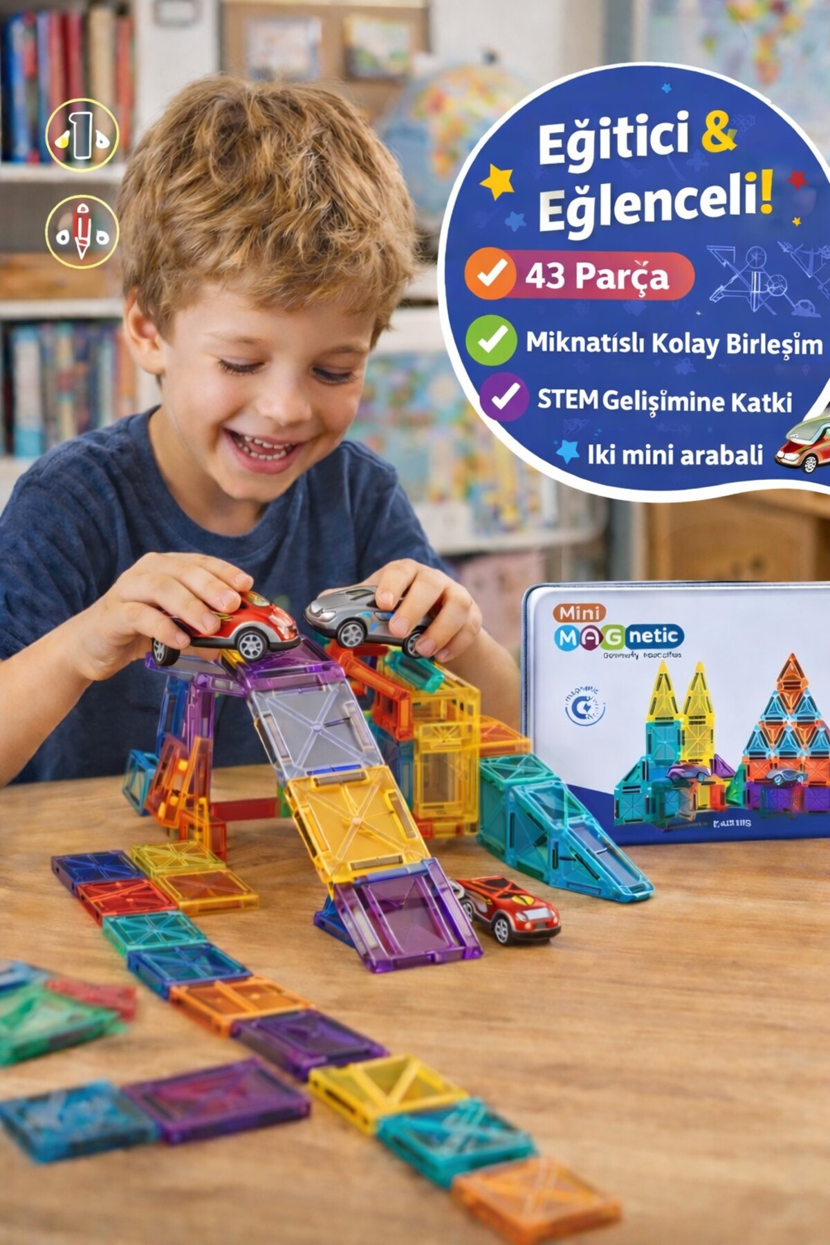 TOYFEST Magnetic 43 Parça Teneke Kutulu Mini Manyetik Karo 3,75 cm