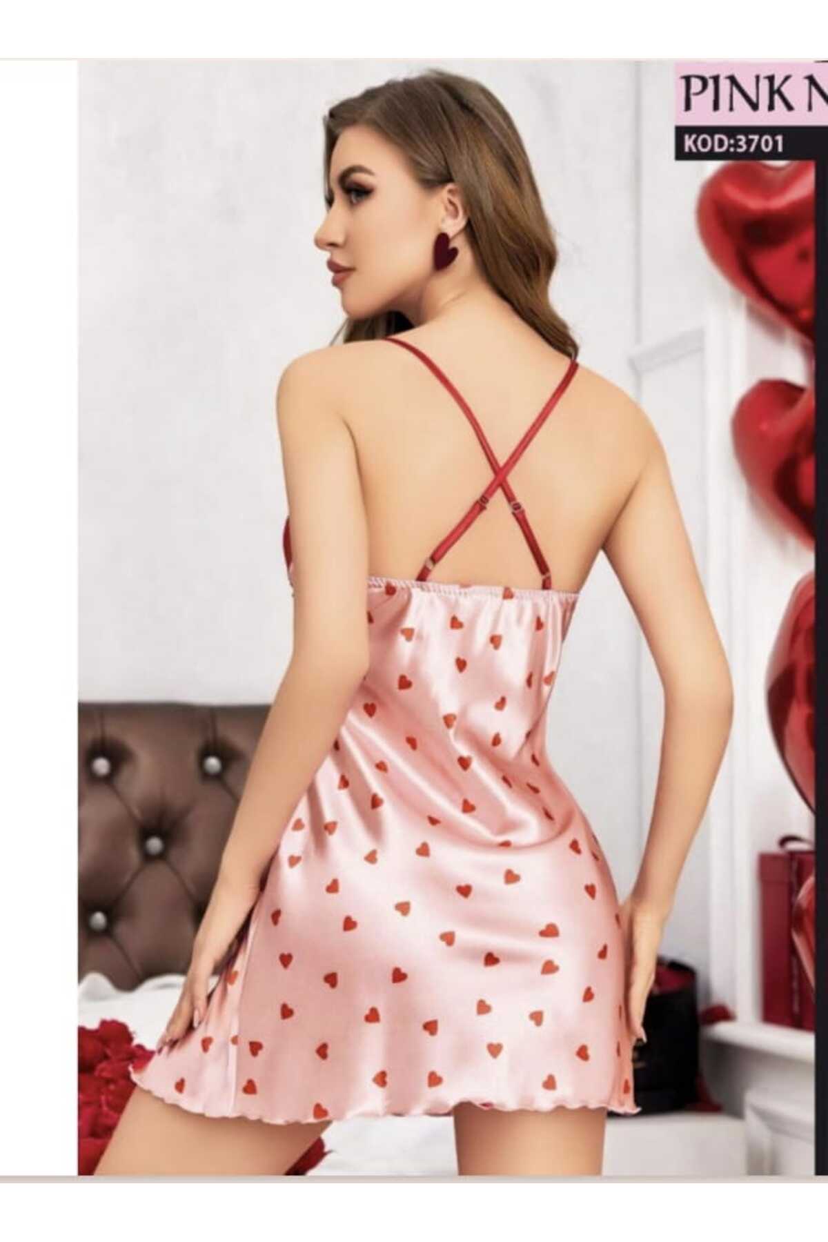 PİNKNİGHT Saten Kalpli Dantelli Pembe Gecelik