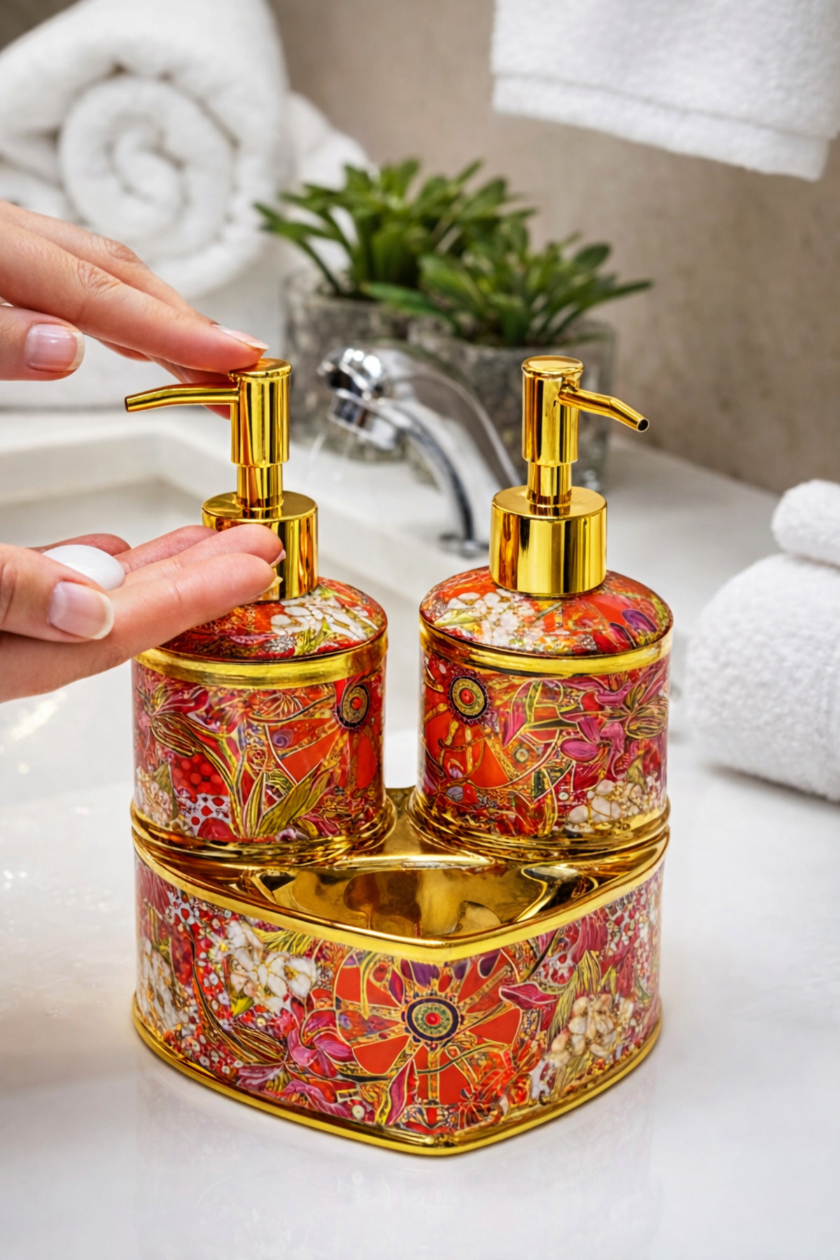 Luxurious Gold Detailed Porcelain 2-Piece Liquid Soap Dispenser Set- Decorative Kitchen Bathroom Countertop Soap Dispenser