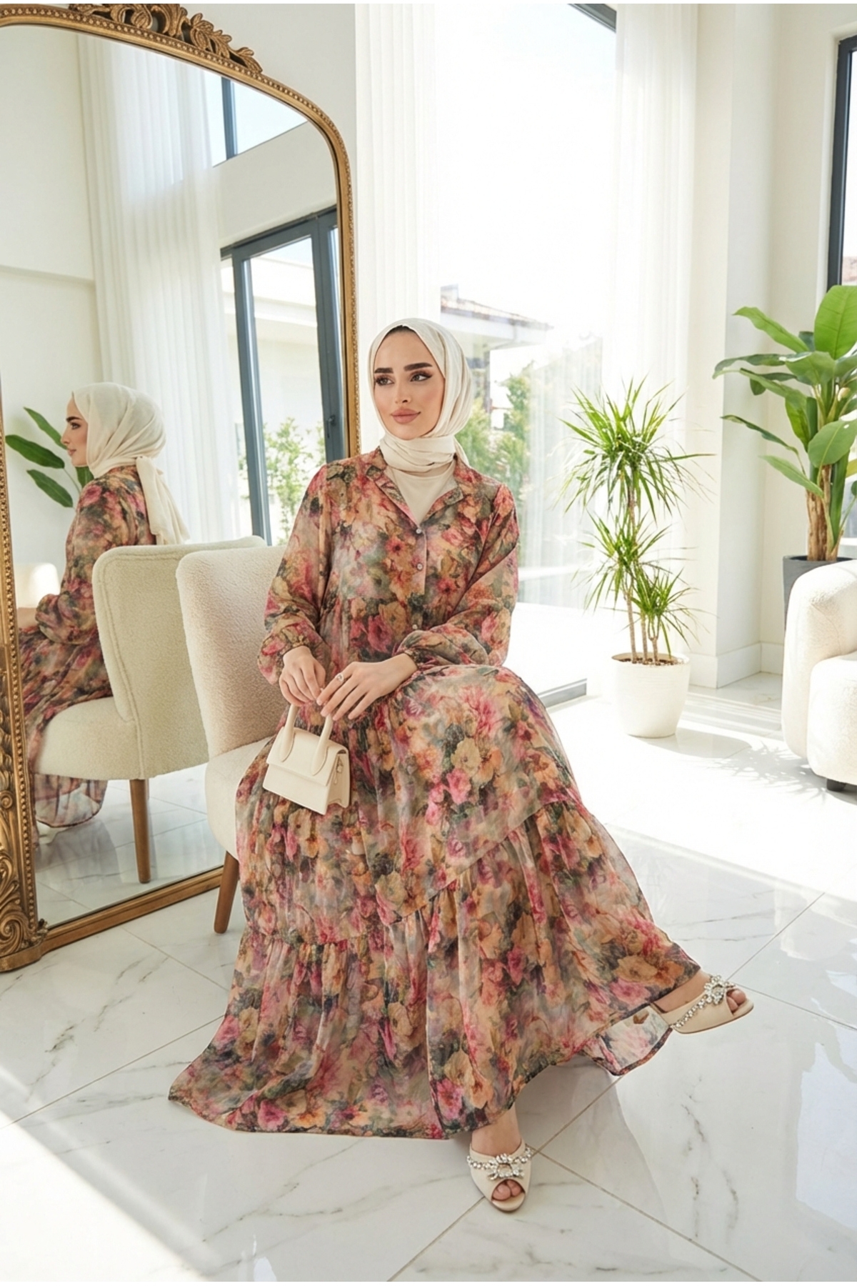 Kirazca Butik  Kadın Modal Kumaş Dökümlü Uzun Elbise - Görsel 6