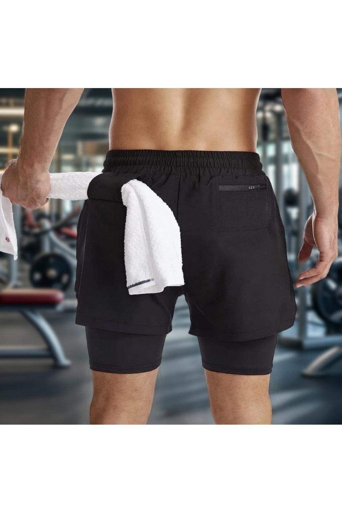 Demente  2 In 1 Şort telefon cep'li havluluk Gym Ve Fitness Astarlı Taytlı Şort - Görsel 2
