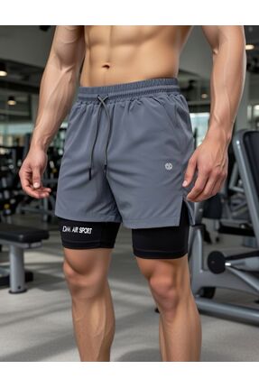 Demente 2 In 1 Şort telefon cep'li havluluk Gym Ve Fitness Astarlı Taytlı Şort