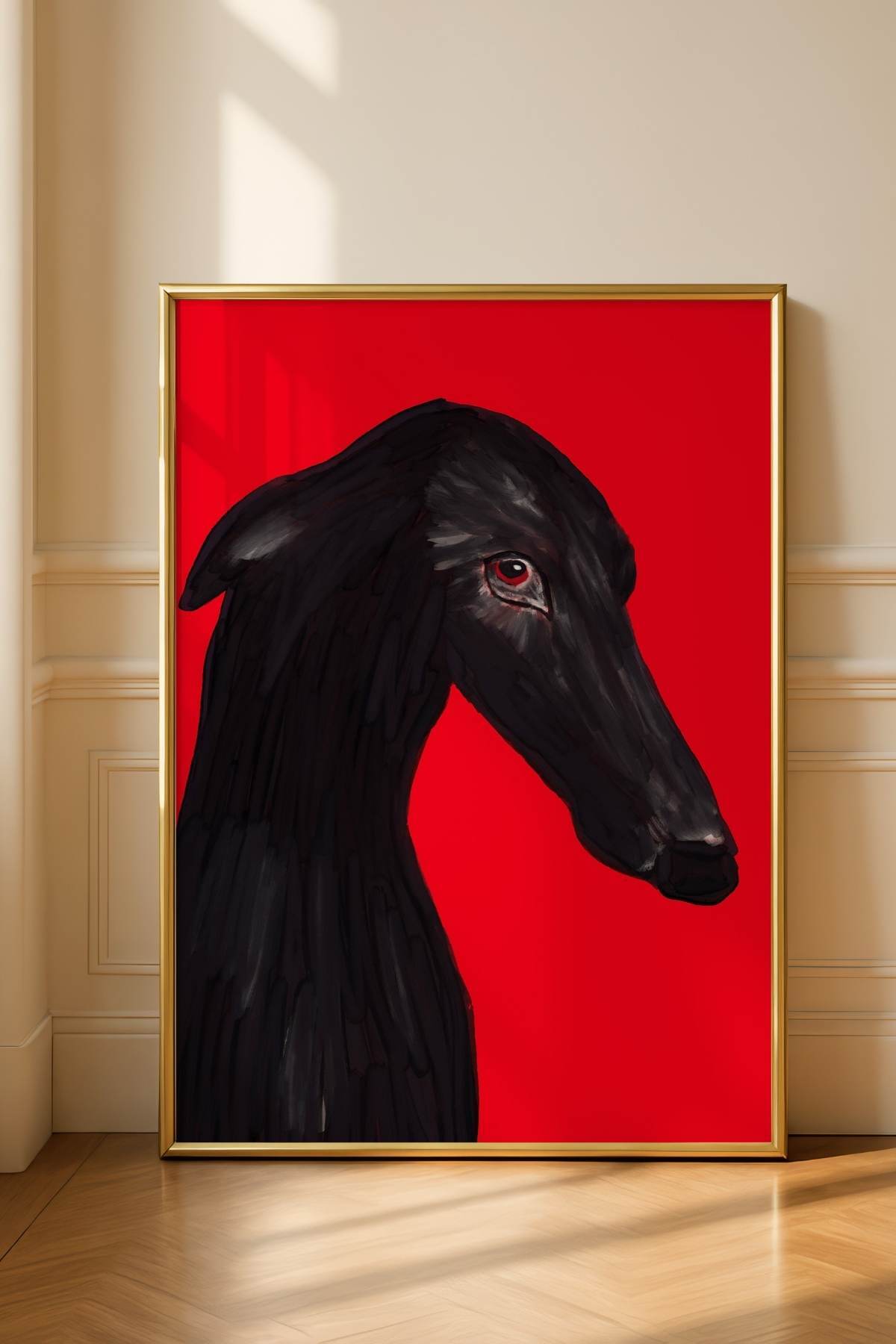 Siyah Köpek Portre Tablo Poster Kırmızı Zemin Modern Duvar Dekoru Çerçevesiz