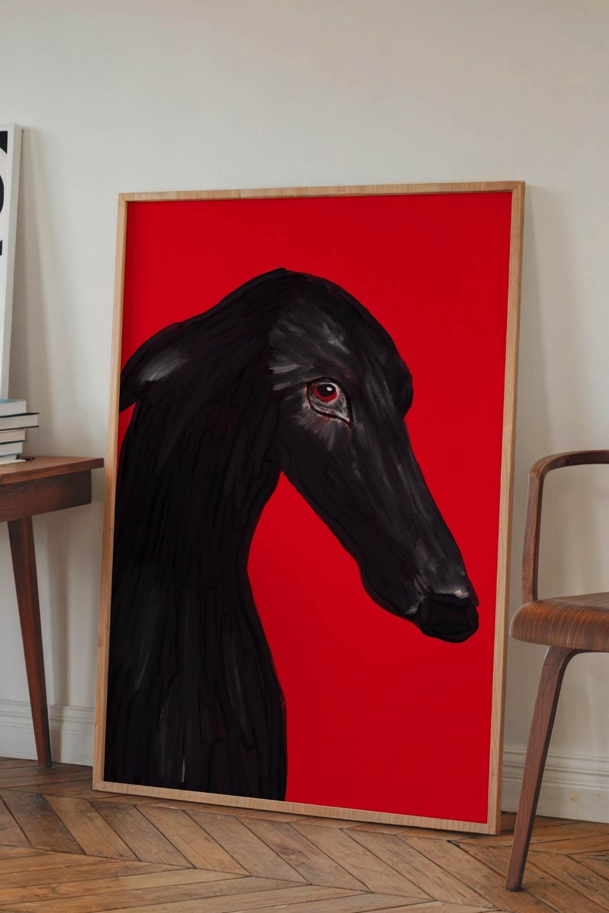 Siyah Köpek Portre Tablo Poster Kırmızı Zemin Modern Duvar Dekoru Çerçevesiz