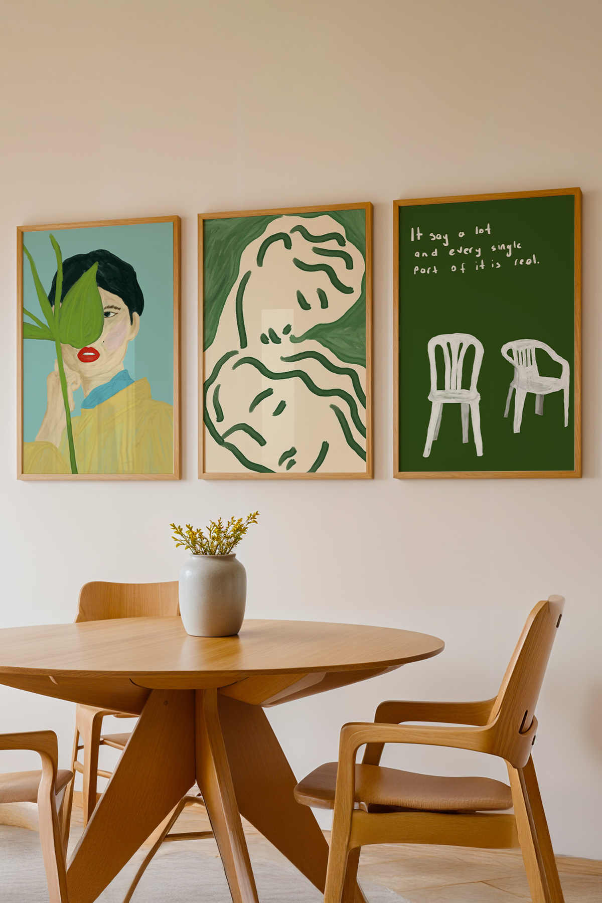 3’lü Modern Sanatsal Poster Tablo Seti Yeşil Tonlu Duvar Dekoru Çerçevesiz