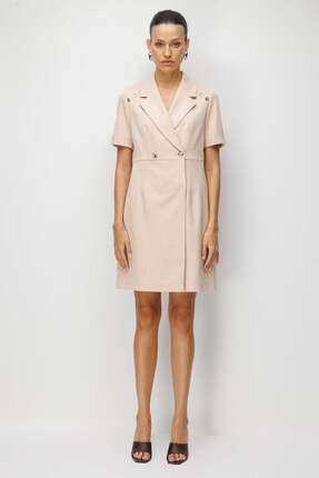 Ekol Kruvaze Yaka Süs Düğmeli Midi Elbise