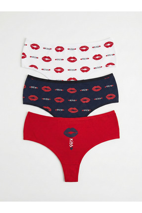 Soft Light Kadın Tanga Külot Öpücük Desenli Pamuklu Büyük Beden 3'lü Paket