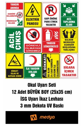 Medya U.V Levha 12'li Okul Uyarı Seti 25 cm x 35 cm Büyük boy U.V Baskı 3mm D...