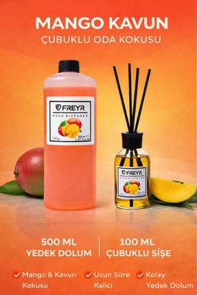 FREYR Mango Kavun Çubuklu Oda Kokusu 100 ml + 500 ml Yedek Dolum | Bambu Çubu...