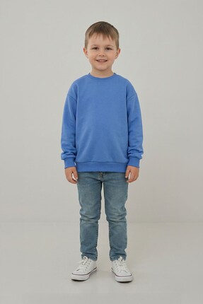 evavi Çocuk Baskısız Düz Bisiklet Yaka Mavi Sweatshirt