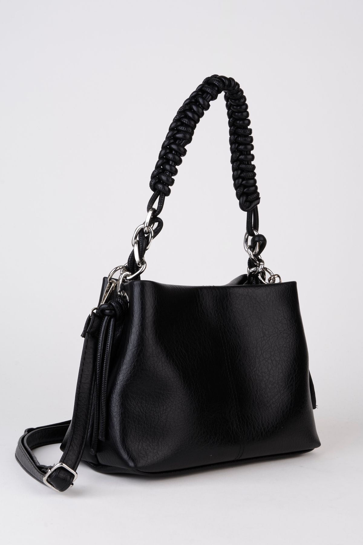 Women's Black Faux Leather Mesh Strap Lined Zipper Closure Hand Sleeve And Shoulder Bag