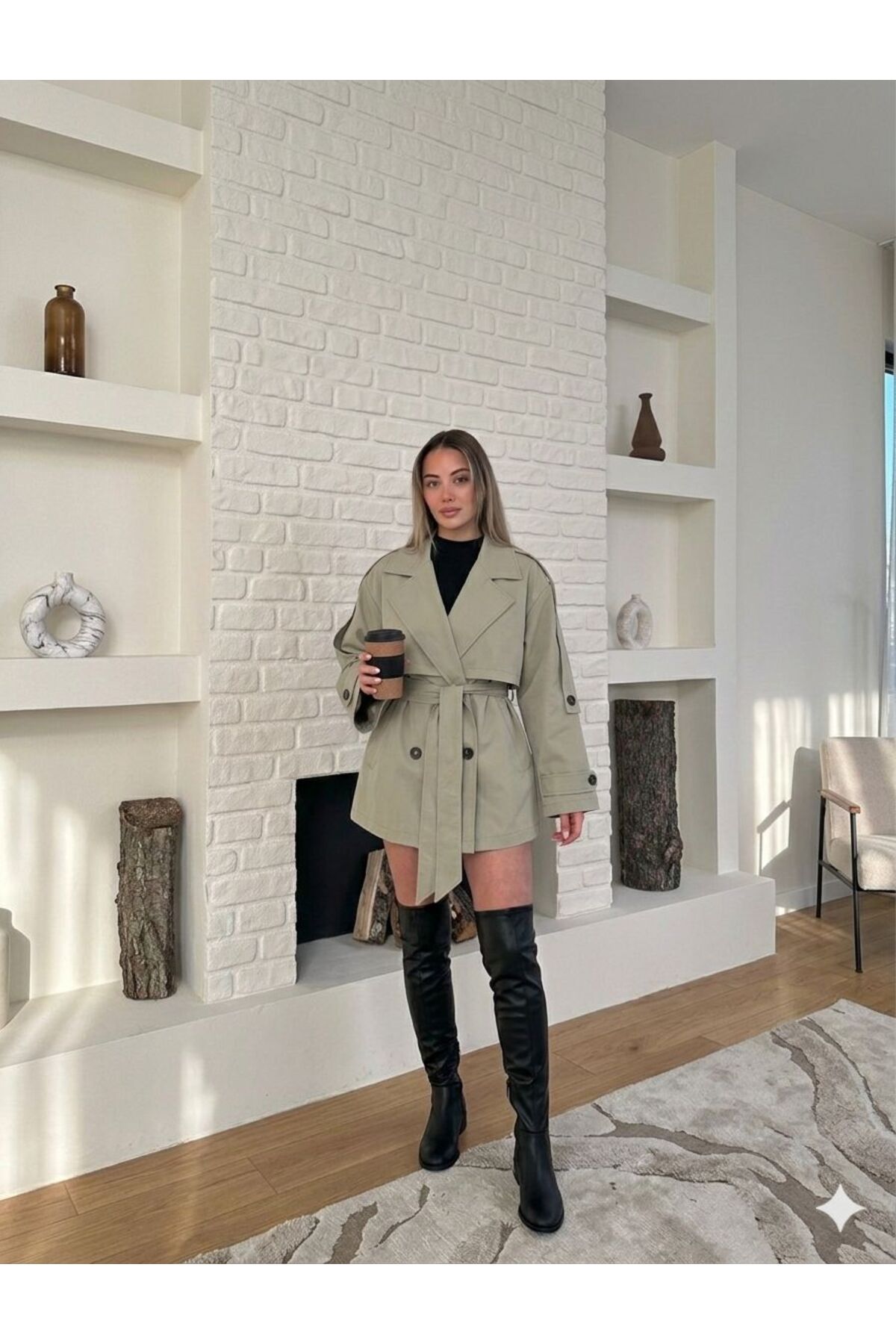 Women's Short Trench Coat Pockets Belted Wind Cover New Season Outerwear