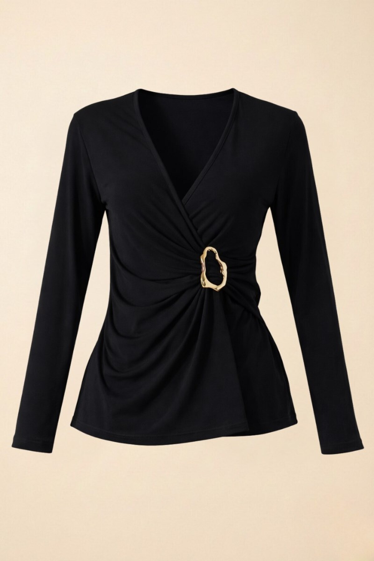 Potenza  Kadın Bluz Gold Toka Detaylı Büzgülü Kruvaze Yaka Uzun Kollu Sandy Kumaş Likralı Şık Bluz