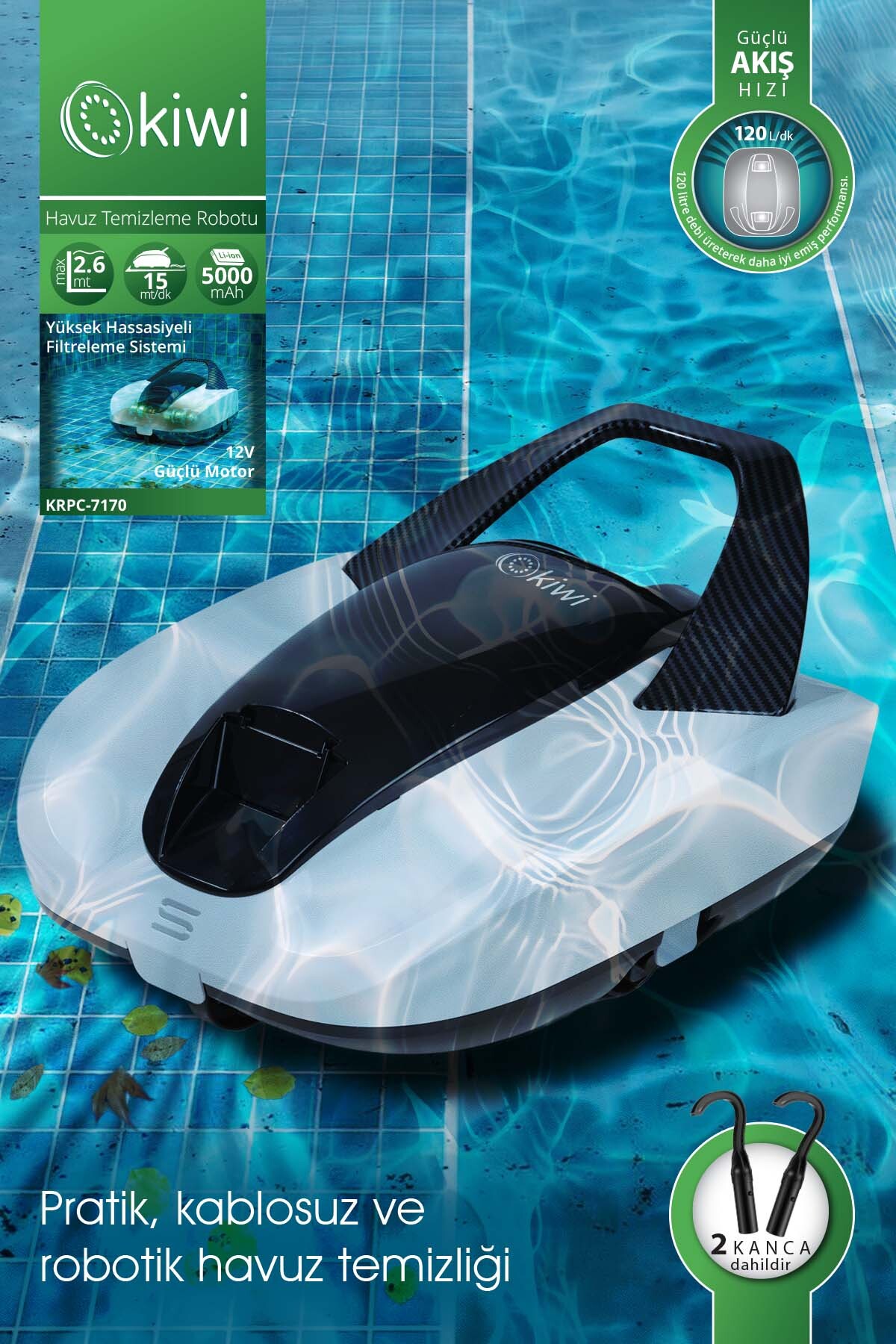 KRPC-7170 Wireless Pool Cleaning Robot White | 5000 mAh & 120 L/Min Flow & Dual Motor