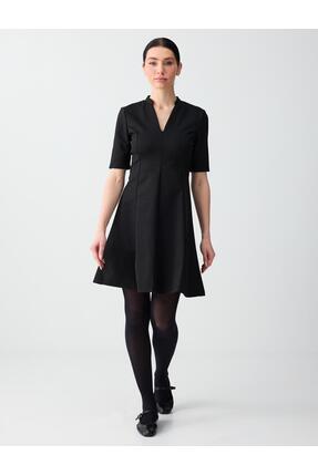 Jimmy Key Siyah Hakim Yaka Dirsek Kol Dar Kesim Örme Mini Elbise
