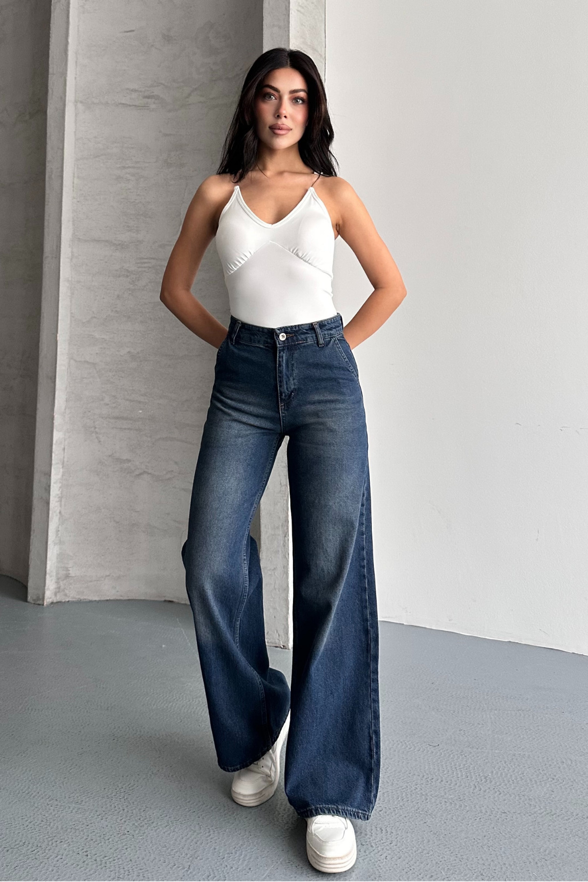 macharel jeans  Kadın Yüksek Bel Jean Yan Cep Kot Palazzo Pantolon - Görsel 4