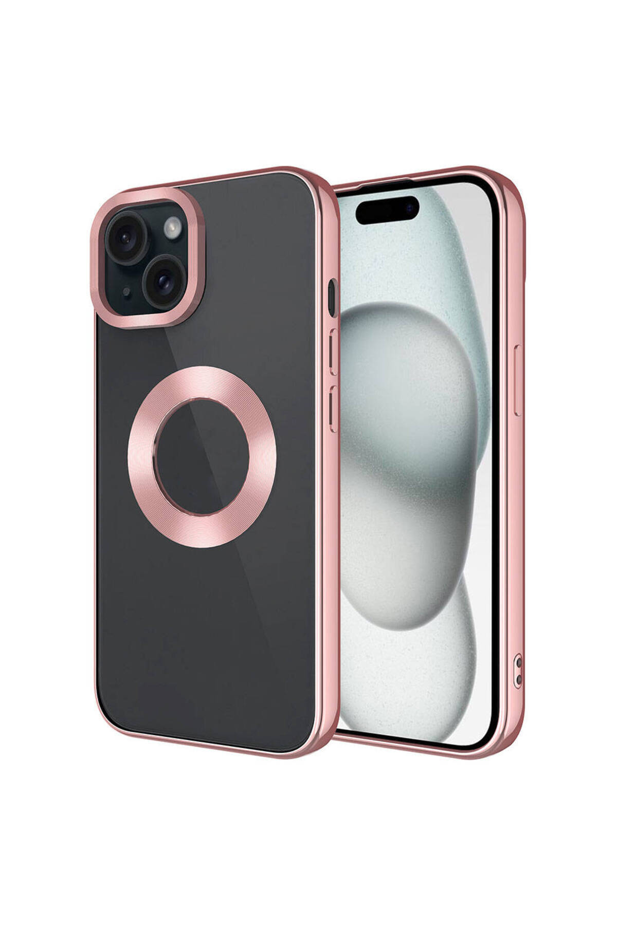 iPhone 15 Uyumlu Tek Kamera Çerçeveli Logo Gösteren NRTK Omega Kılıf-Rose Gold