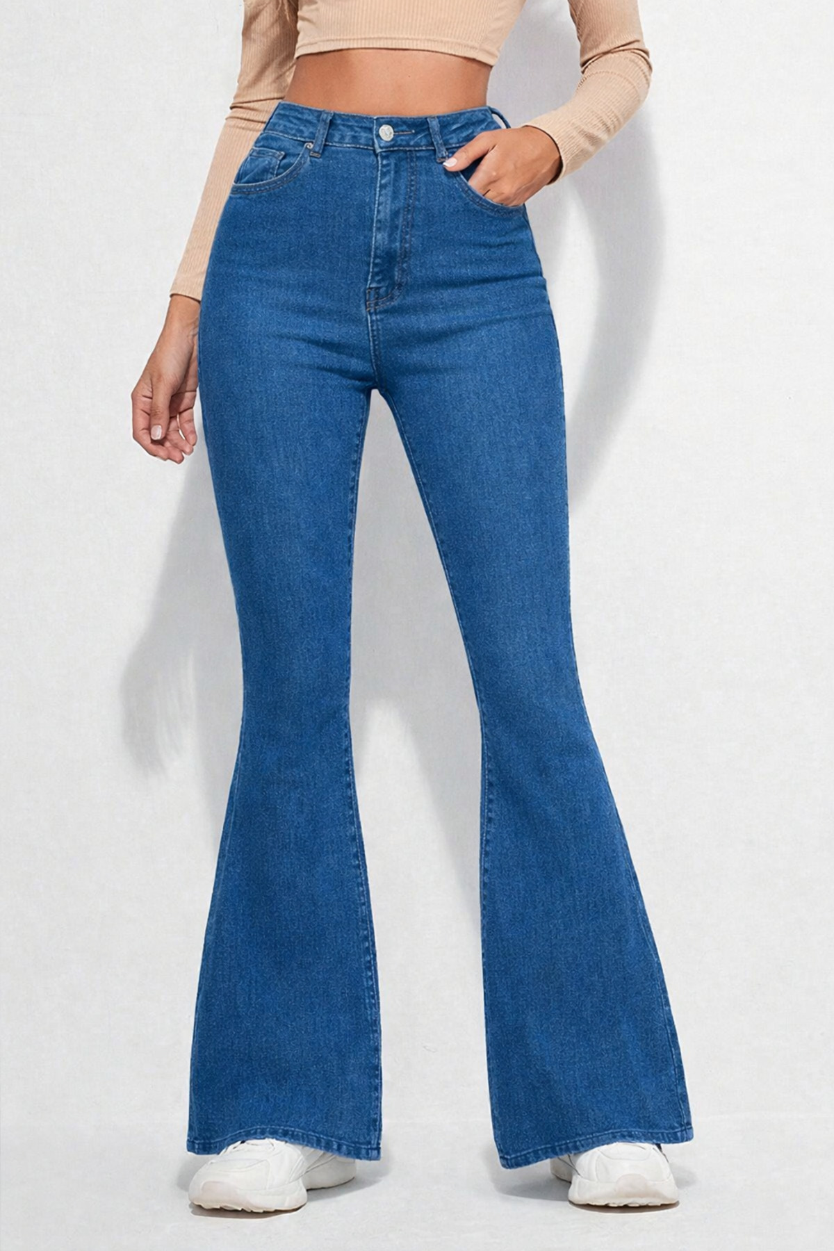 By Caspita Fashion  Kadın Yüksek Bel İspanyol Paça Power Likra Kot Denim Jean - Görsel 2