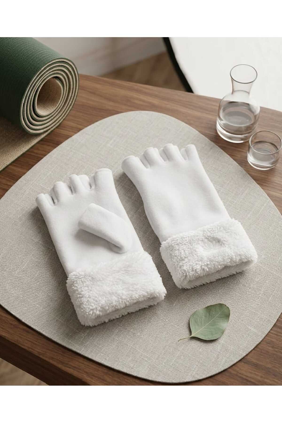 Modalight Kadın,Beyaz,Kısa parmak,Bileği Peluş Polar eldiven görsel 3