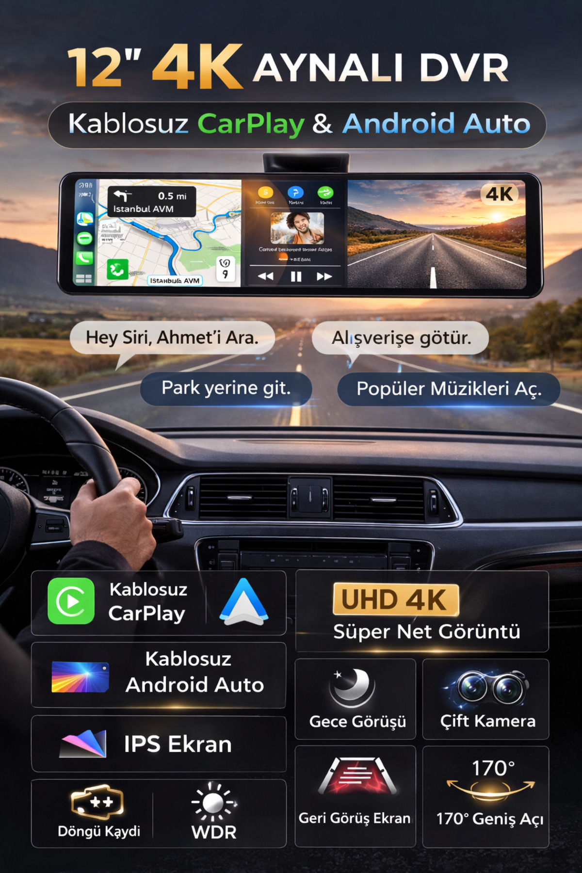 Qifit 12 İnç 4K Aynalı Araç Kamerası DVR Kablosuz CarPlay Android