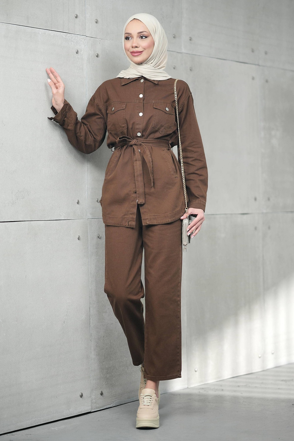 İmajButik Brown Bel Tie-Detail Pocketed Jacket and Trousers Denim Suit