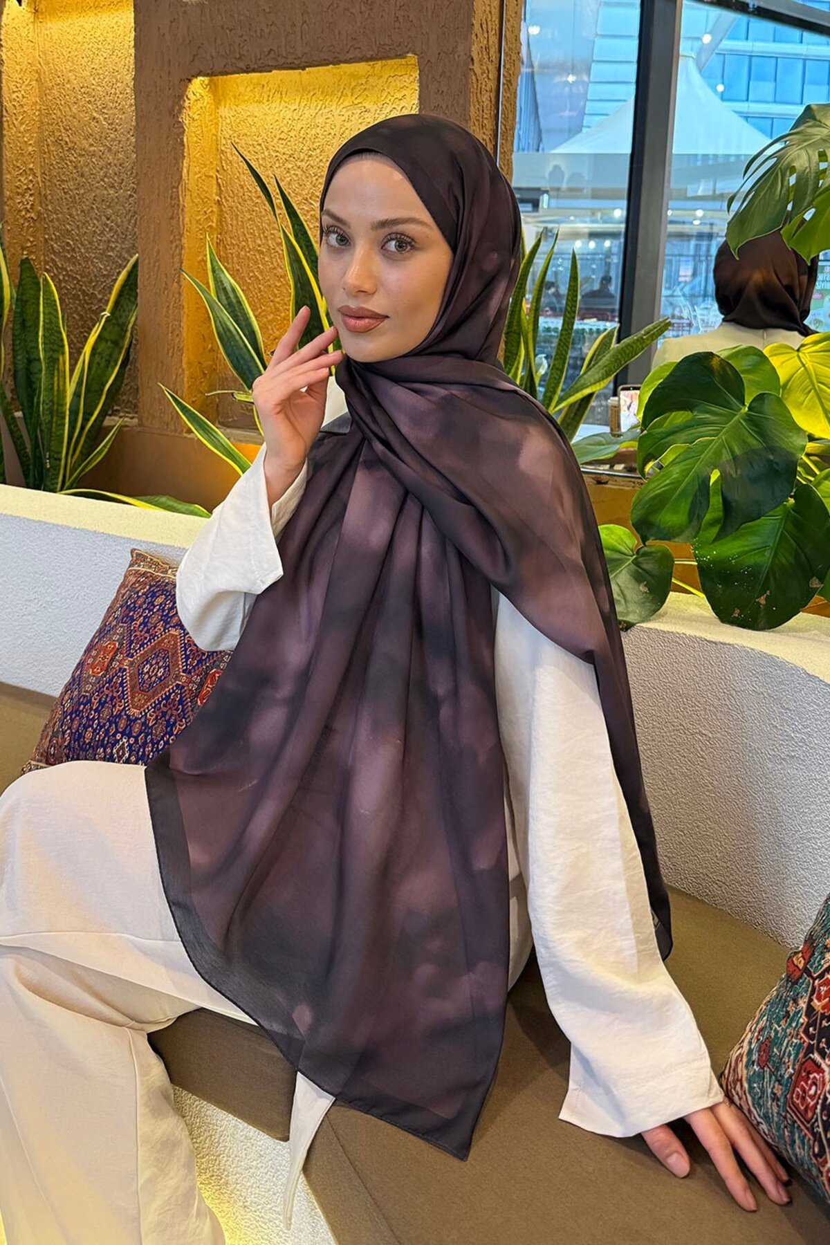 lamelif Batik Desen Soft Şal Mürdüm görsel 2