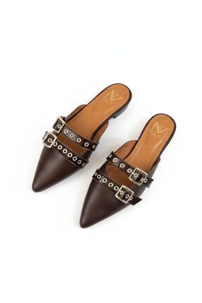 NE&VE SHOES Kahve Deri Rugan Atkı Detaylı İki Tokalı Kadın Sivri Burun Sabo T...