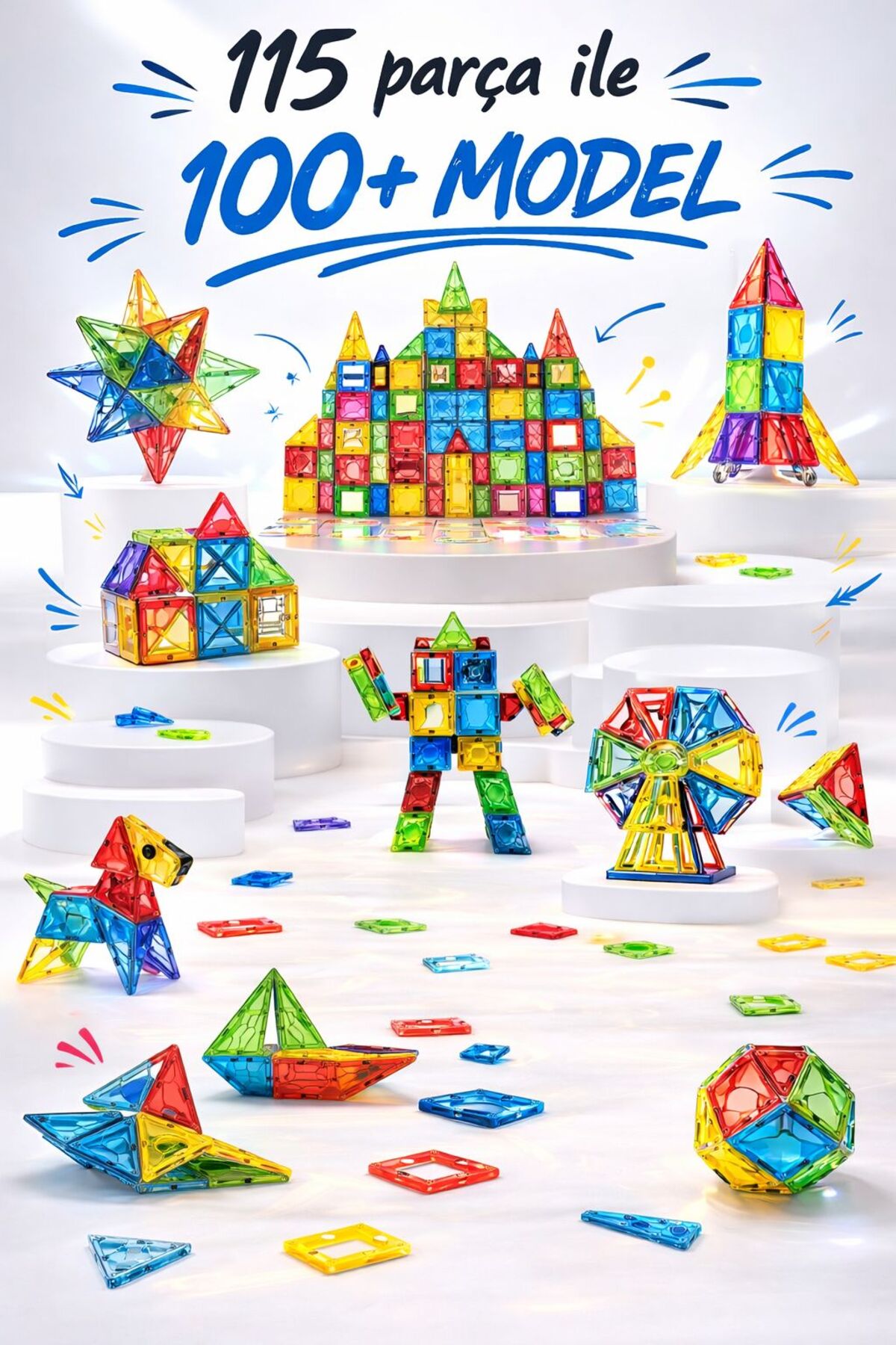 ZİVENTA Magnetic Tiles 115 Parça Manyetik Yapı Blokları Eğitici STEM Oyuncak İnşa Oyuncağı Zeka Geliştirici fotoğrafı 4 (önizleme)