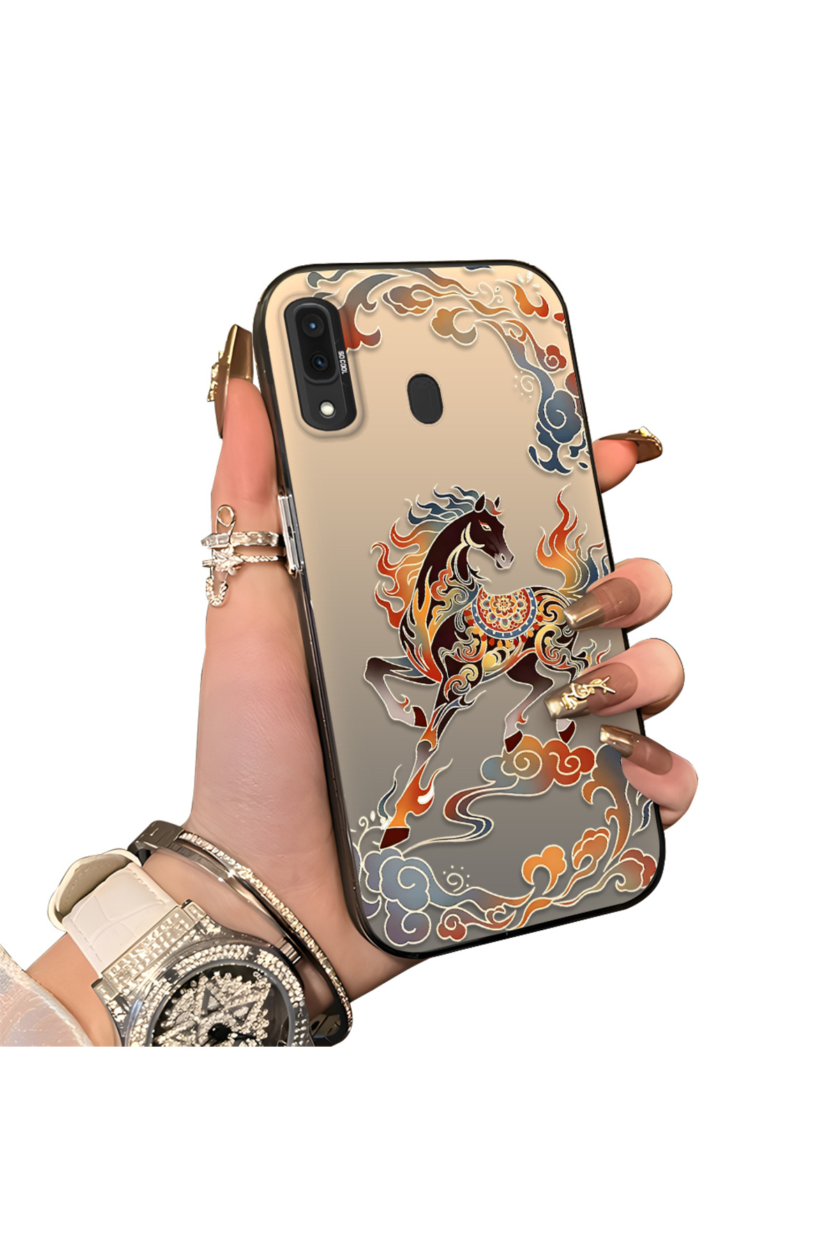 Samsung Galaxy A30/A20 Compatible Hard Acrylic Rear Silicone Edge Lens Protection Case with Horse pattern