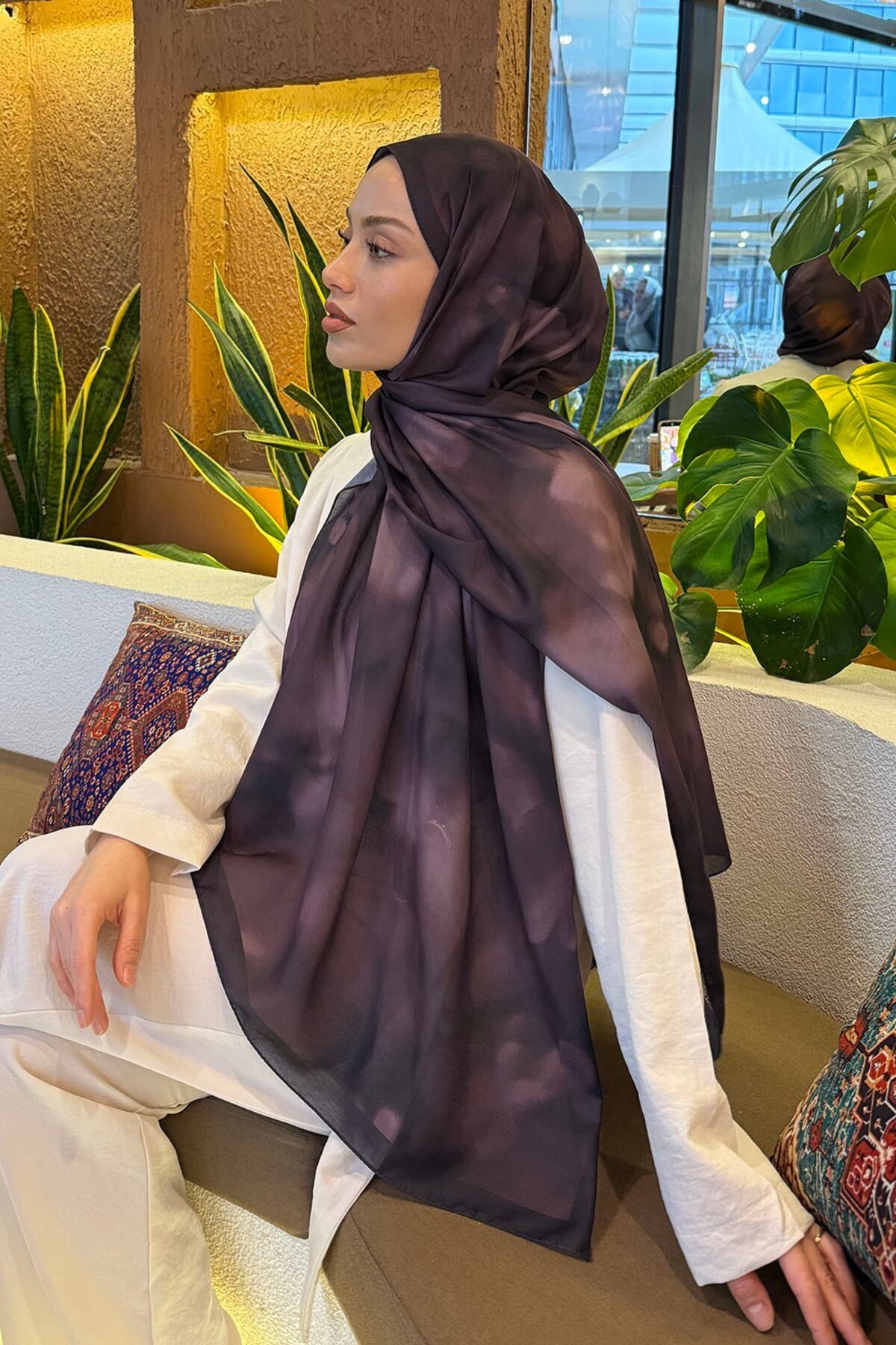 lamelif Batik Desen Soft Şal Mürdüm görsel 4