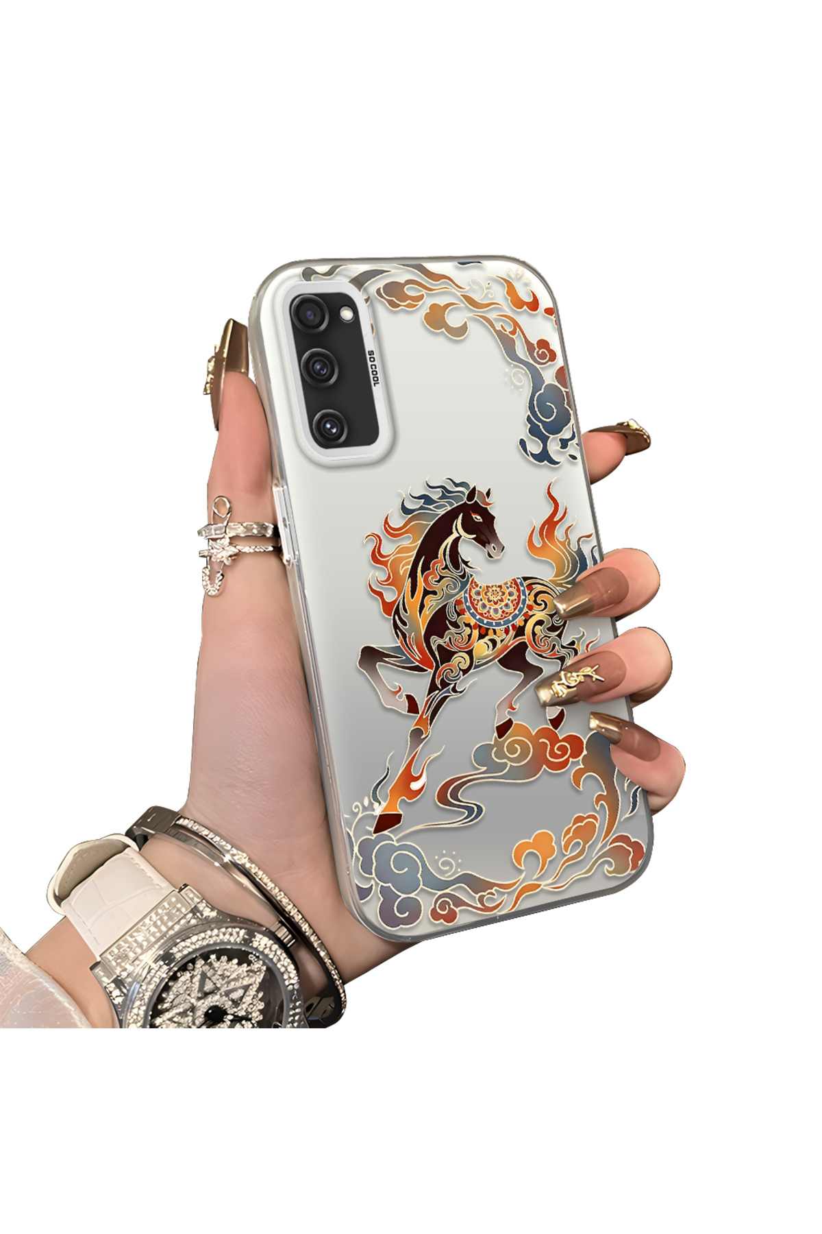 Samsung Galaxy S20 FE 4G/5G Compatible Hard Acrylic Rear Silicone Edge Lens Protection Case with Horse pattern