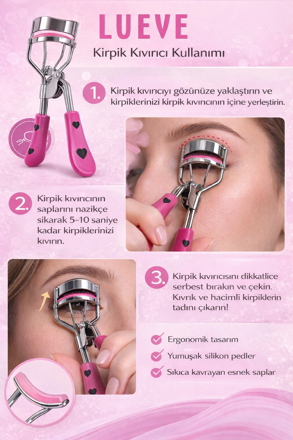 Profesyonel Siyah Kalp Detaylı Kirpik Kıvırıcı Yanında Yedek Lastik Hediye — صورتی 4466 — تصویر 2 از 2