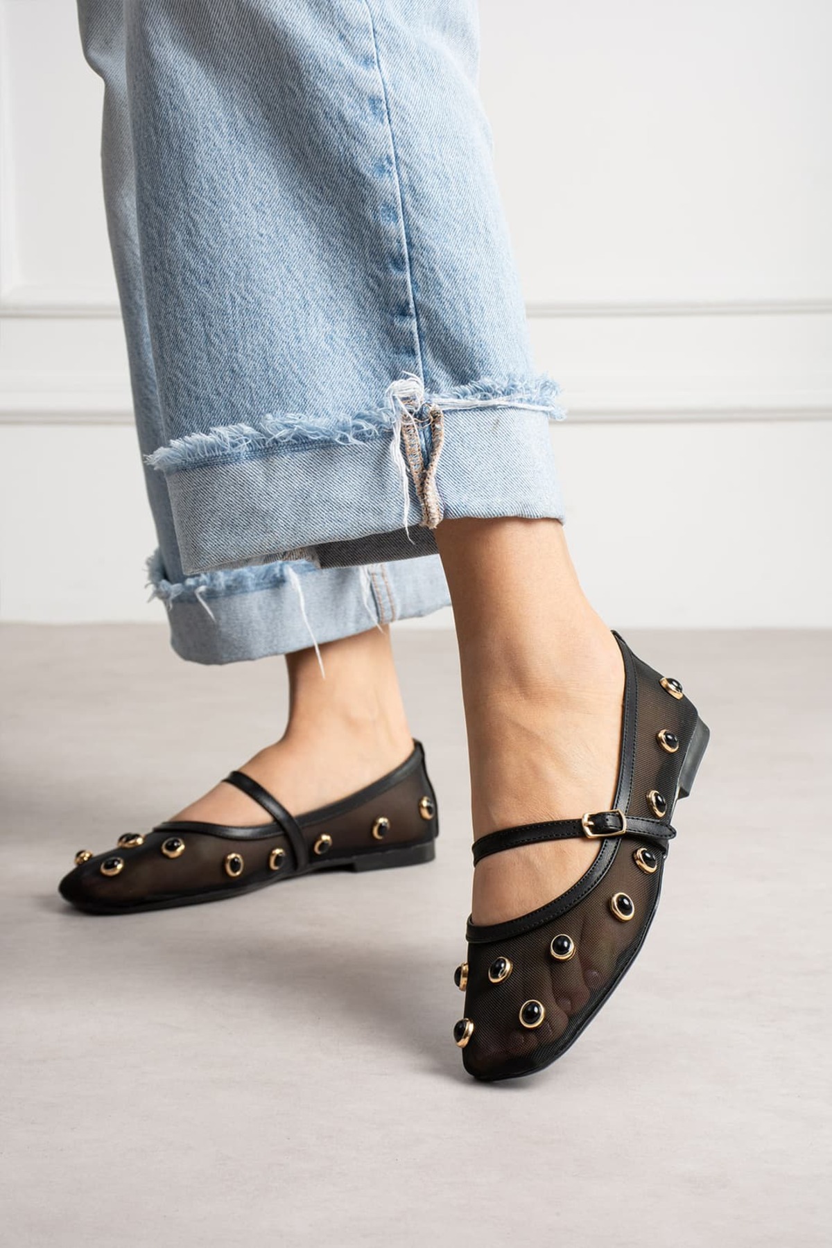 diclepolat  Kadın Siyah Taş Detaylı Babet Kare Burun Bantlı Mary Jane Düz Ayakkabı Hanna - Görsel 4