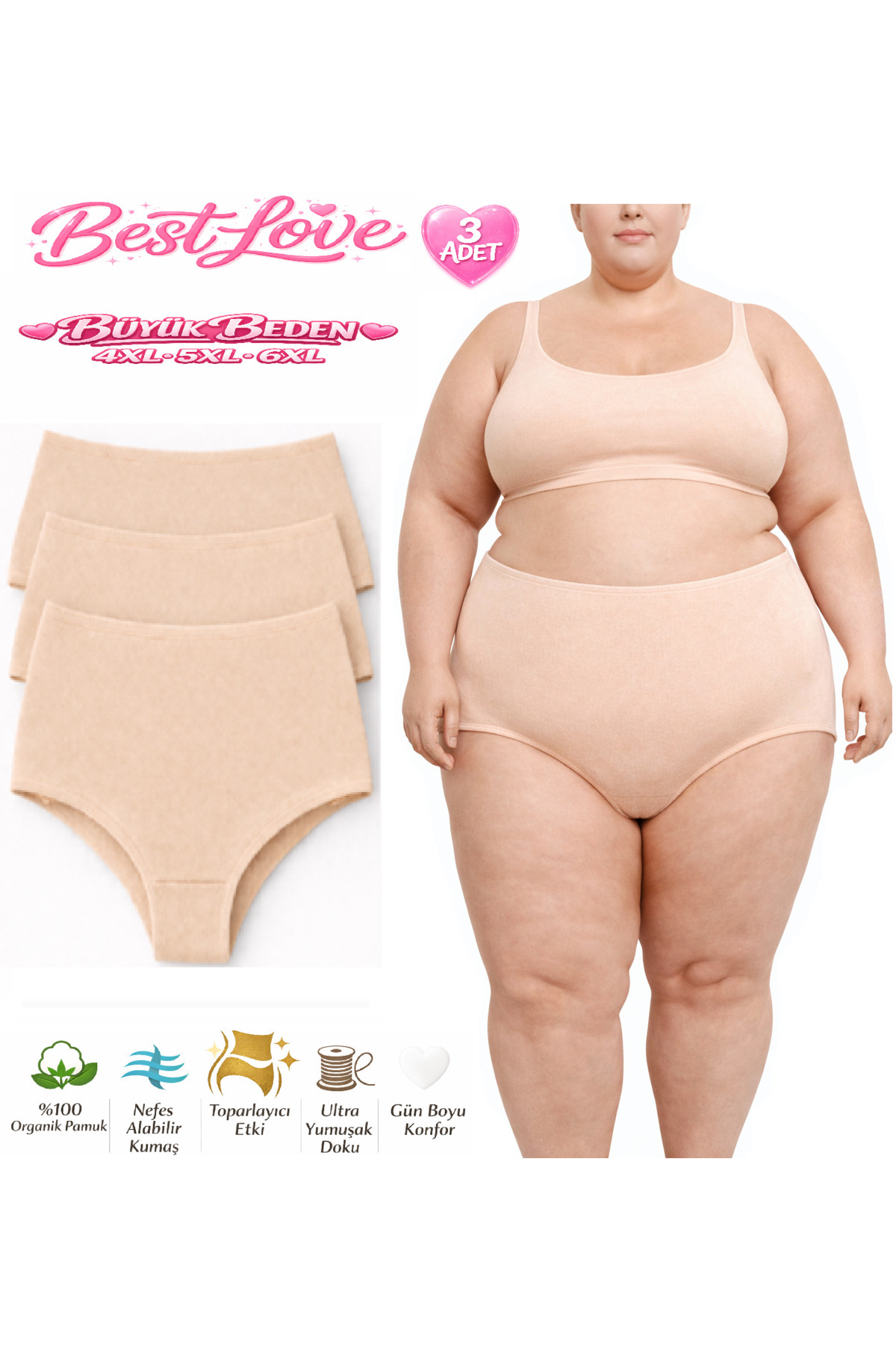 BEST LOVE  KADIN KÜLOT, KADIN BÜYÜK BEDEN %100 PAMUKLU YÜKSEK BEL BATO KÜLOT 3'LÜ PAKET BEJ