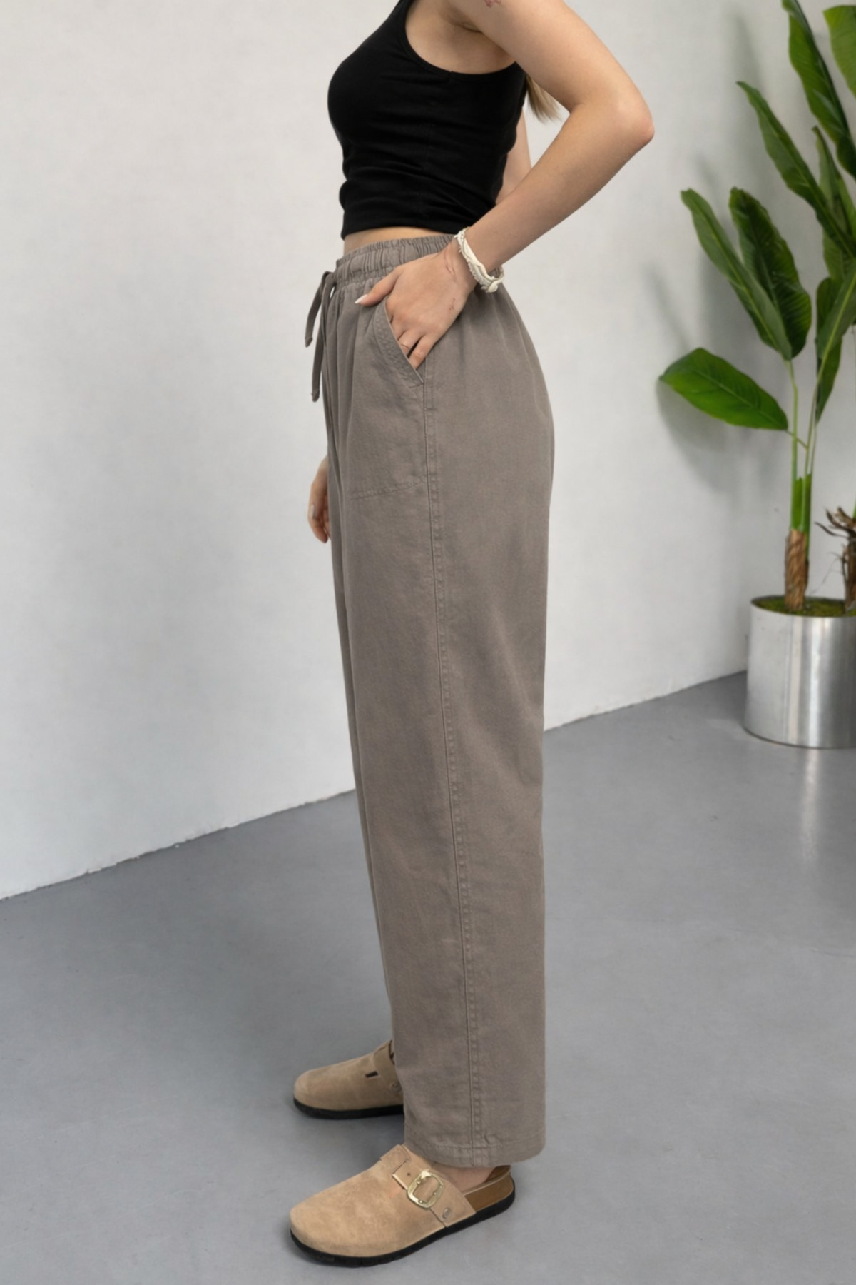 COMBİNE MİCHAİL  Kadın Beli Lastikli Bol Vizon Keten Pantolon - Görsel 3