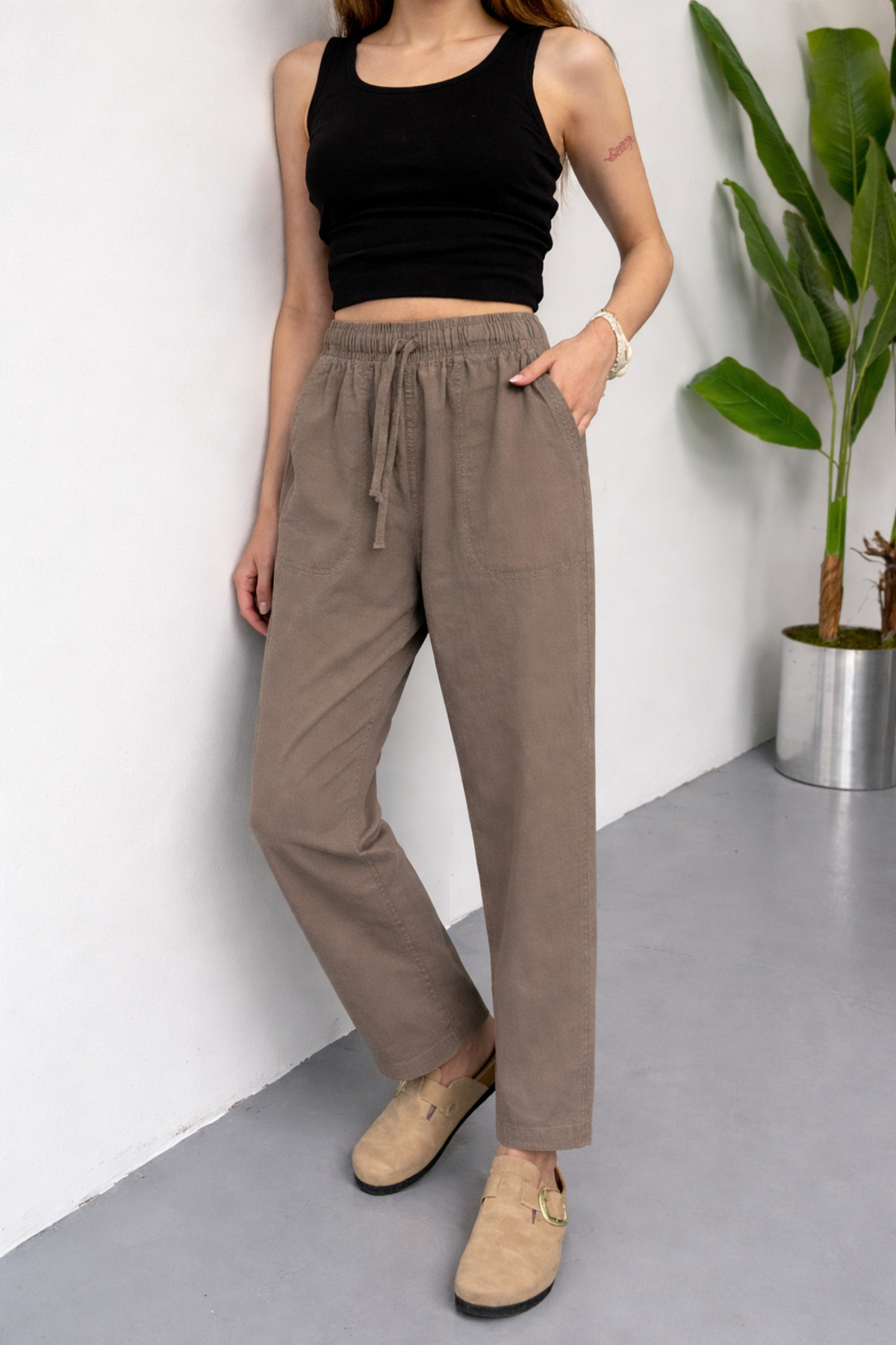 COMBİNE MİCHAİL  Kadın Beli Lastikli Bol Vizon Keten Pantolon - Görsel 2