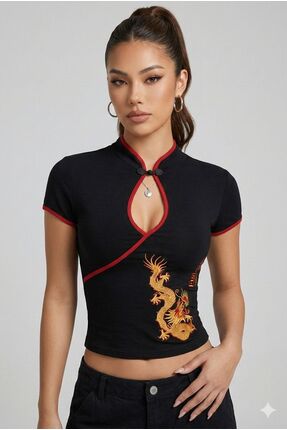 ARS Butik Mandarin Yaka Ejderha Motifli Vintage Qipao Y2K Kısa Kollu Crop