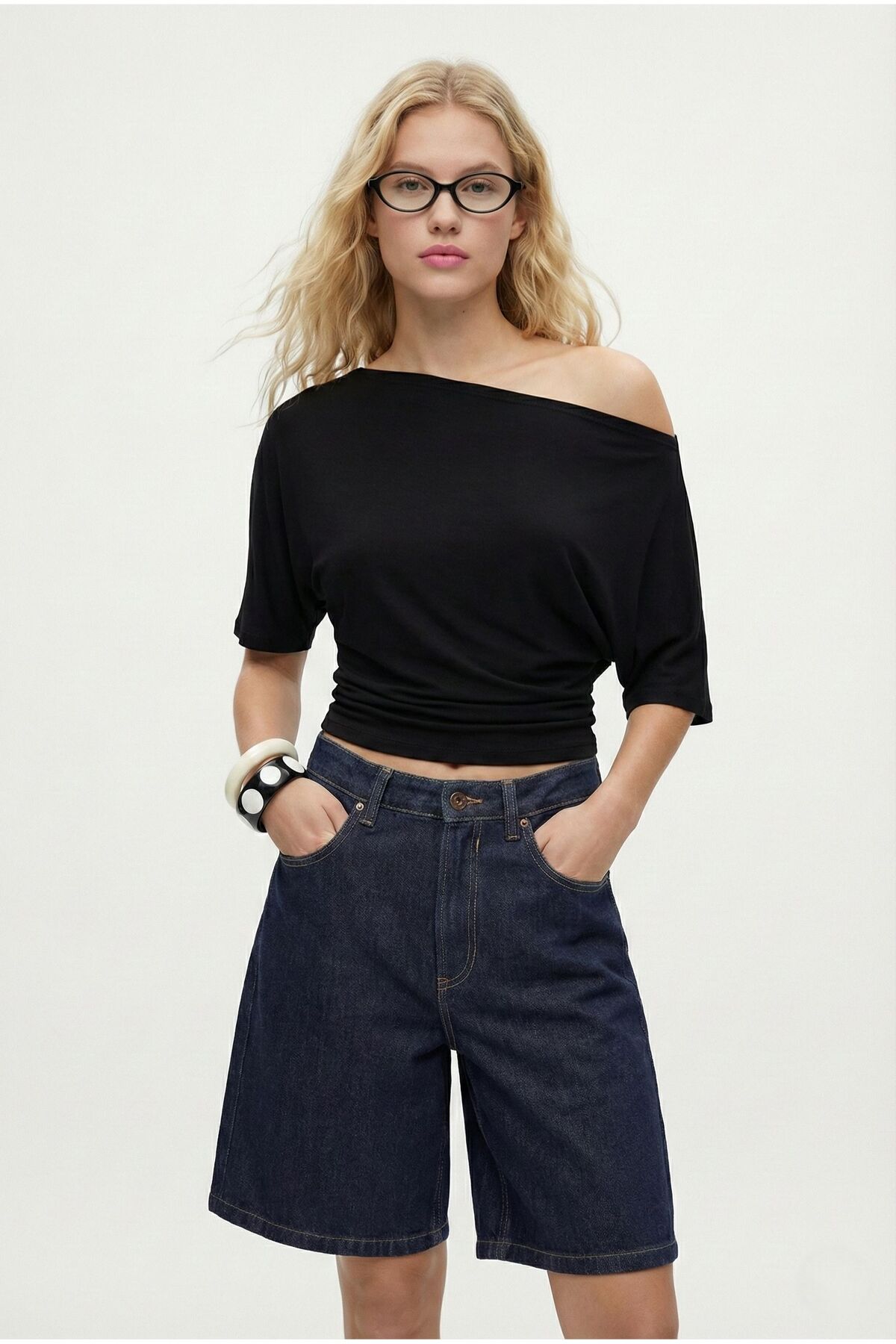 Ritnice  Kadın Germa Asimetrik Omuz Detay Siyah Bluz