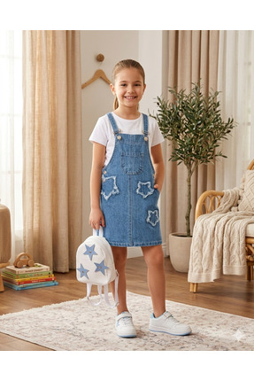 Aymini Kids KIZ ÇOCUK YILDIZ NAKIŞ DESEN KOT DENİM JİLE ÇANTALI