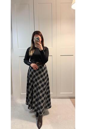 KASSEL Süet Kemerli Ekose Etek Siyah